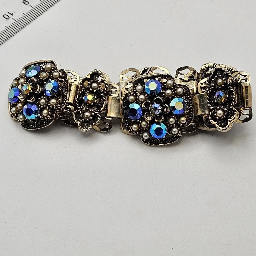 Vintage Florenza Style Floral Link Bracelet Gold Tone Blue Gold Pearl 8 Inches